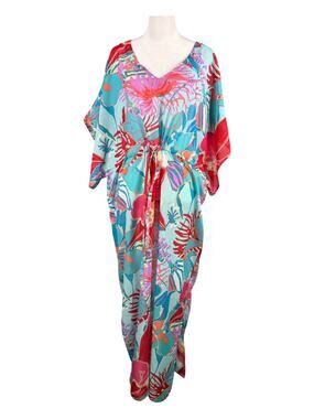 Talbots XL Maxi Kaftan Blue Red Tropical Floral Drawstring Waist Beach Cover Up